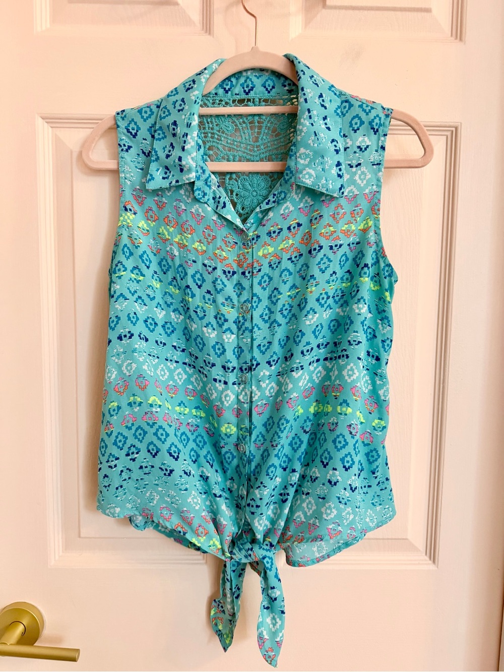 Teal crochet lightweight button up tank